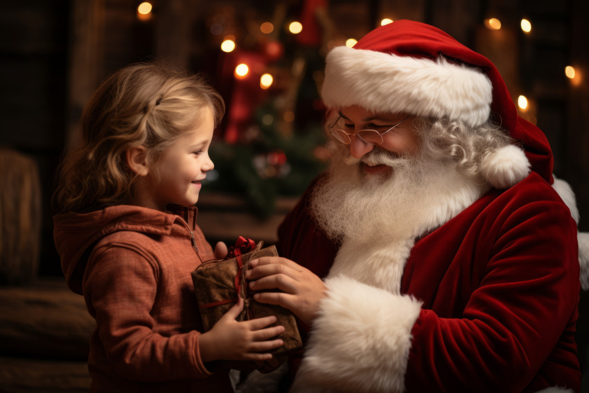 Santa Claus is giving presents to a child