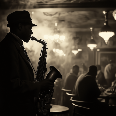 Saxophone Player in Smoky Jazz Bar