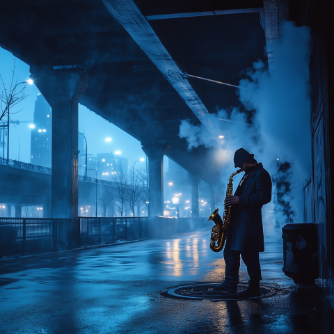 Saxophonist Playing in Moody Urban Alley