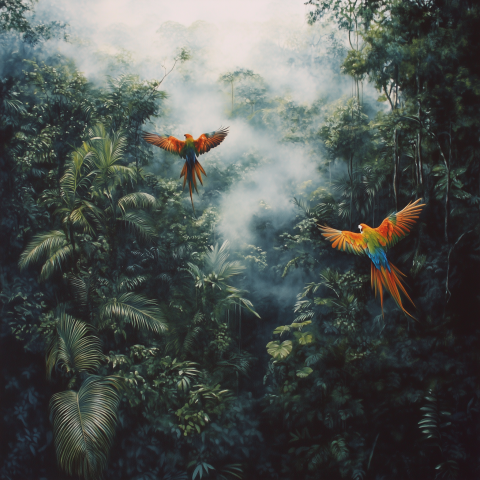 Scarlet Macaws Soaring Over Misty Rainforest
