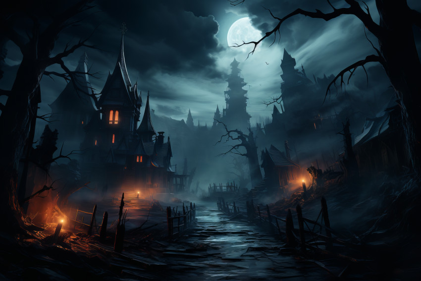 Scary spooky haunted house misty full moon night