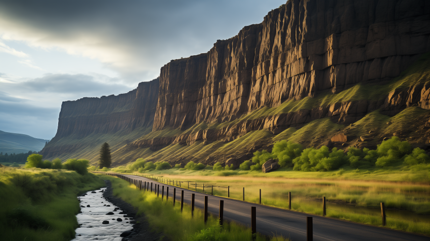 Scenic Road Beside Towering Basalt Cliffs