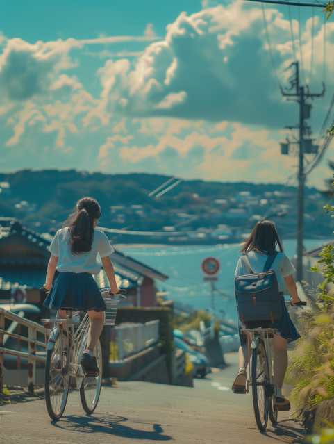 Schoolgirls Bicycling Downhill Toward Coastal Town