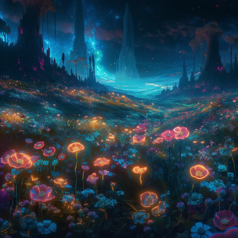 Colorful Sci-Fi Landscape with Flowers