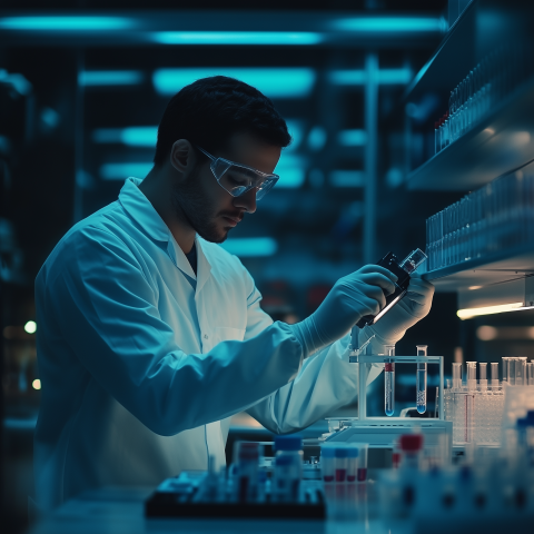 Scientist Conducting Lab Research at Night