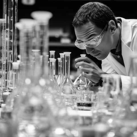 Scientist Inspecting Laboratory Flasks