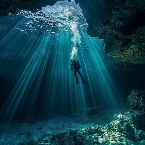 Scuba Diver Ascending Through Sunbeams