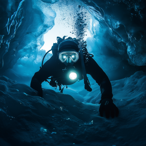 Scuba Diver Exploring Ice Cave