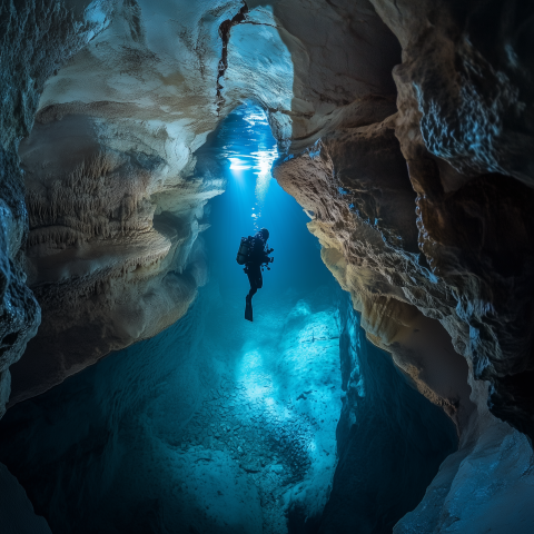 Scuba Diver Exploring Underwater Cave