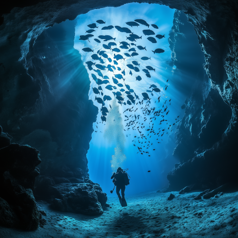 Scuba Diver Exploring Underwater Cave with Fish