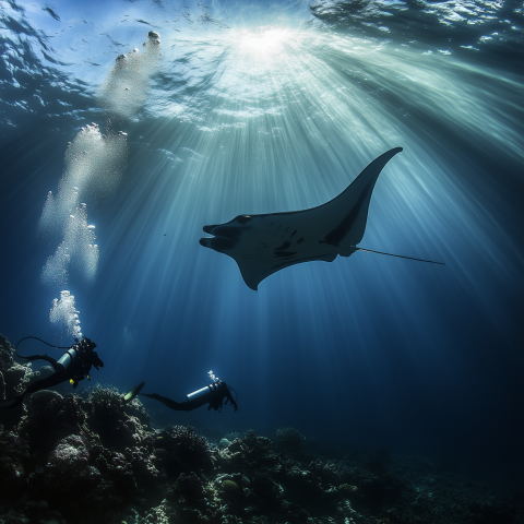 Scuba Divers Encountering Giant Manta Ray
