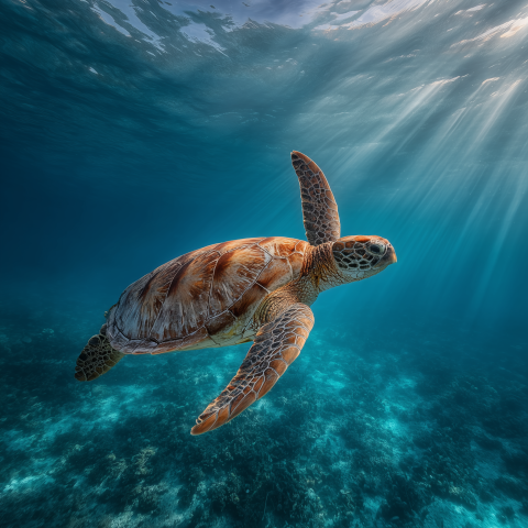 Sea Turtle Gliding Through Blue Ocean