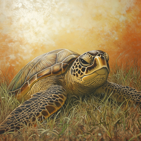Sea Turtle on Golden Beach Grass