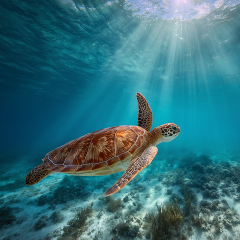 Sea Turtle Swimming in Sunlit Ocean