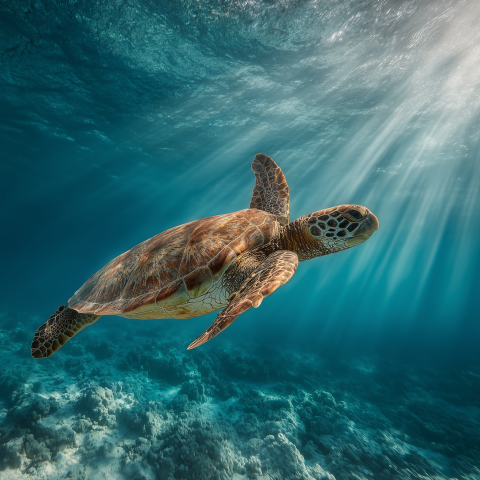 Sea Turtle Swimming in Sunlit Waters