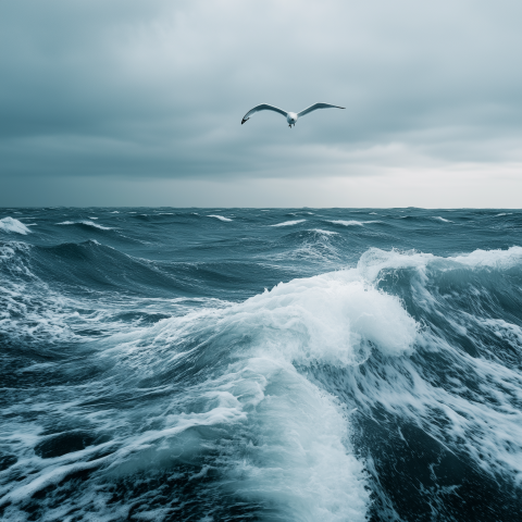Seagull Flying Over Stormy Ocean Waves