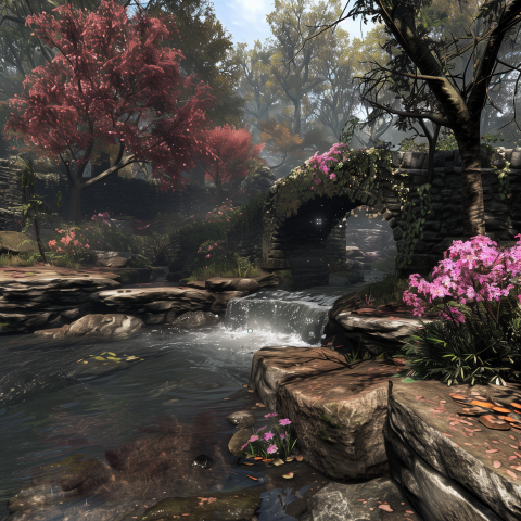 Serene Garden Stream with Stone Bridge