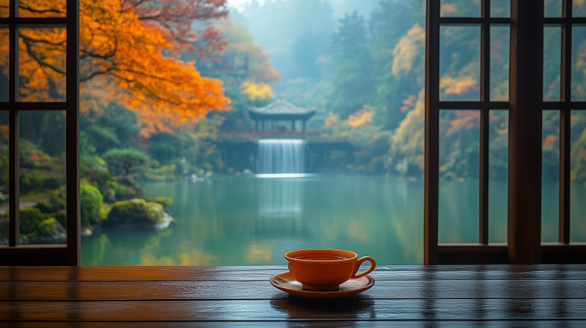 Serene Lake View with Tea Cup in Japanese Garden