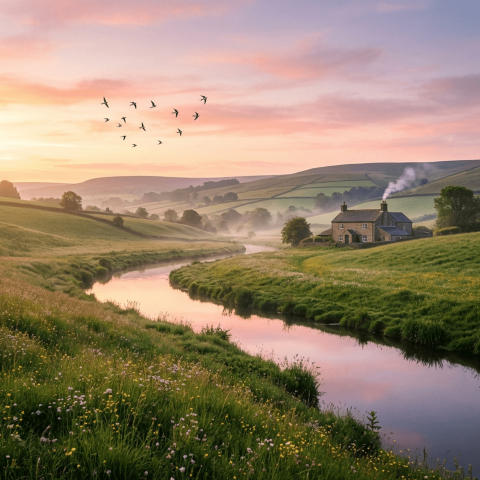 Serene Sunrise Over Rolling Hills and a Meandering River