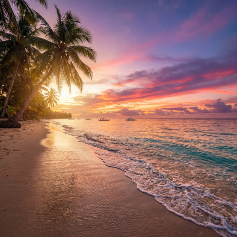 Serene Tropical Beach Sunrise with Golden Sands and Palm Trees
