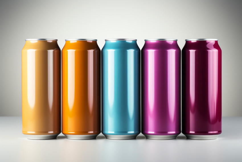 set of colorful aluminum beverage drink soda cans