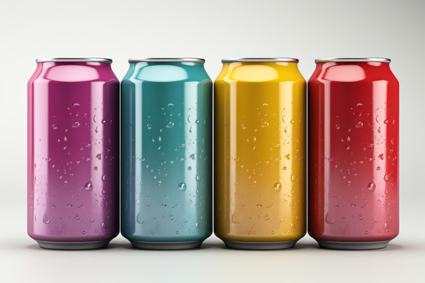 set of colorful aluminum beverage drink soda cans