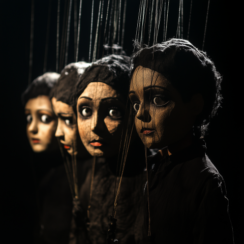 Shadowed Marionettes Under Theater Lights