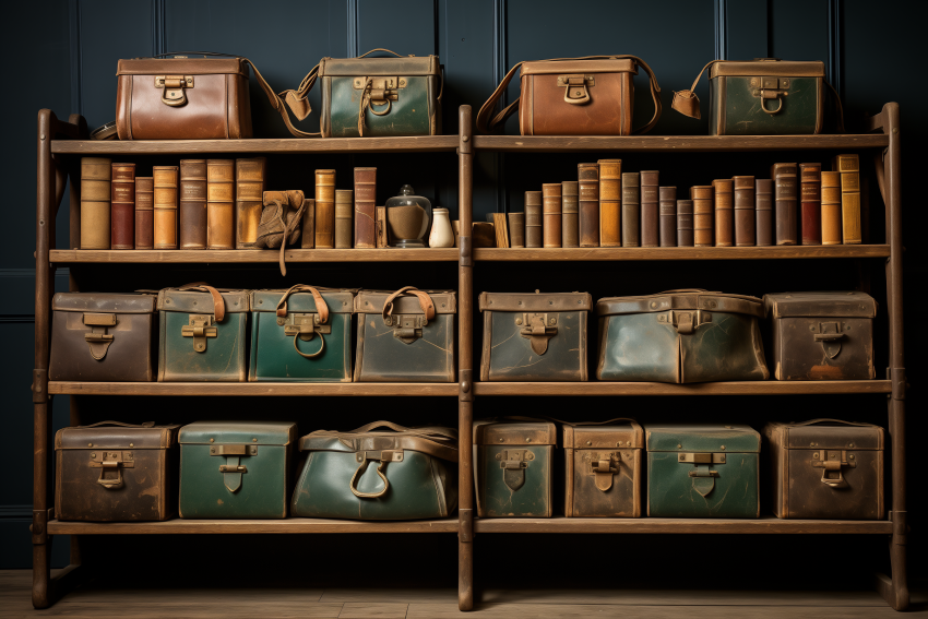 Old Bookshelf With Leather Books and Bags