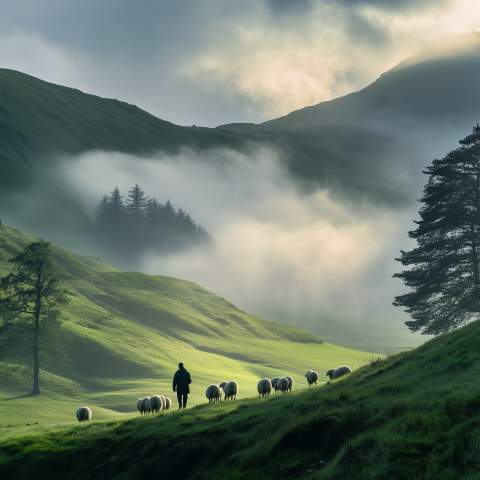 Shepherd and Sheep in Misty Hills