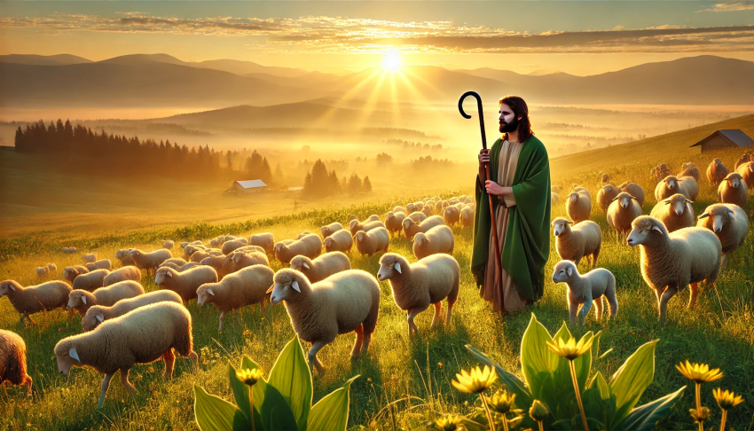 Shepherd Guiding Sheep at Sunrise