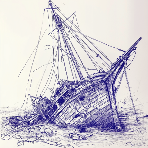 Shipwreck Pen Sketch with Detailed Lines