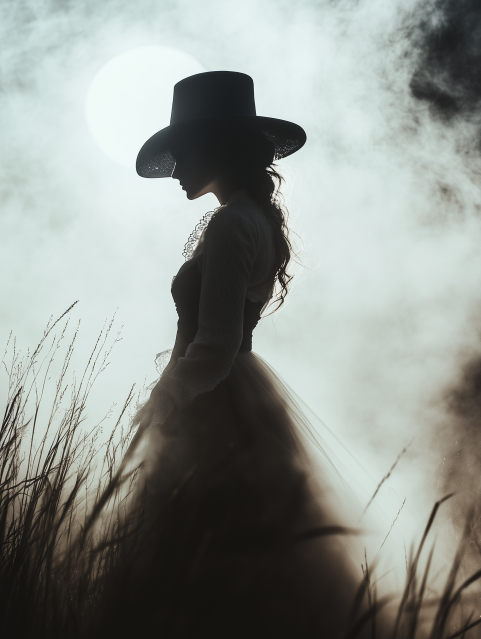 Silhouette of Woman in Hat Amidst Mist
