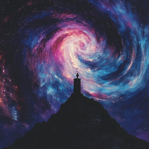Silhouette on Mountain Under Spiral Galaxy