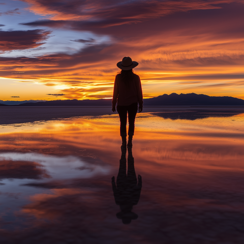 Silhouetted Woman at Reflective Sunset
