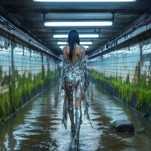 Silver Fashion Model in Underground Tunnel