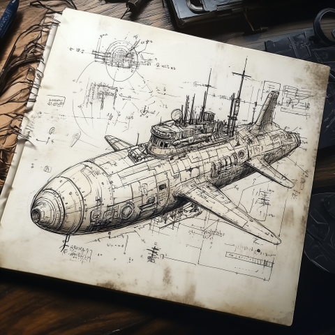 Sketchbook Drawing of a Steampunk Submarine