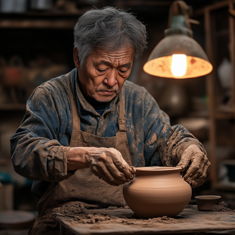 Skilled Potter Shaping Clay in Workshop