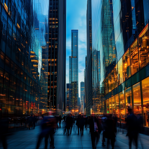 Skyscraper Canyon with Evening Pedestrian Flow