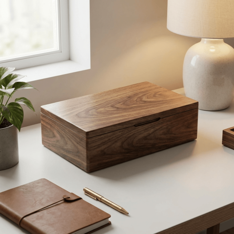Sleek Wooden Storage Box on Minimalist Office Desk