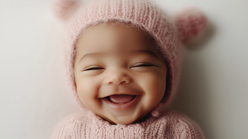 Smiling Baby in Pink Knit Hat