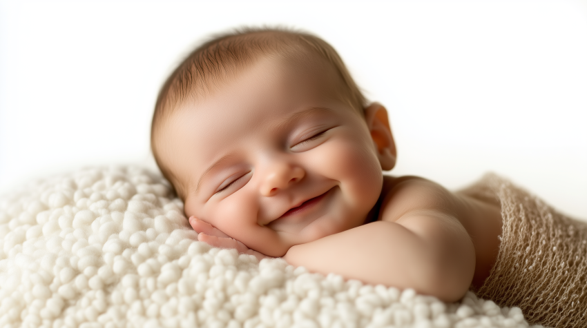 Smiling Baby Sleeping on Soft Blanket