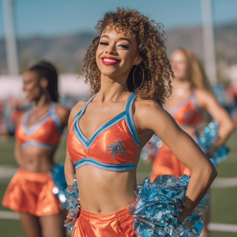 Smiling Cheerleader in Orange Uniform