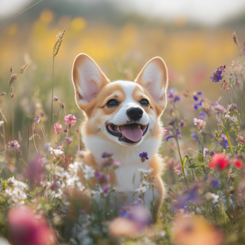 Smiling Corgi in a Field of Wildflowers