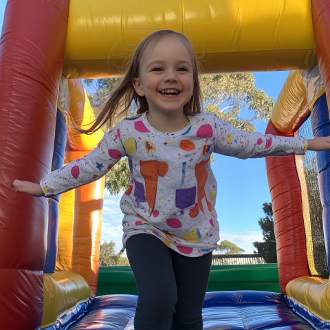 Smiling Girl Playing in Inflatable Bounce House