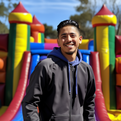 Smiling Man in Front of Inflatable Playground