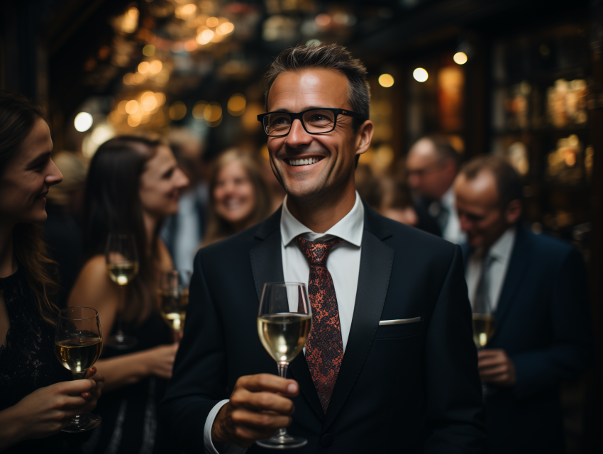 Smiling Man in Suit at Cocktail Party