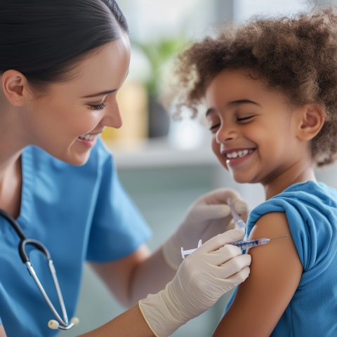 Smiling Nurse Giving Vaccine to Child