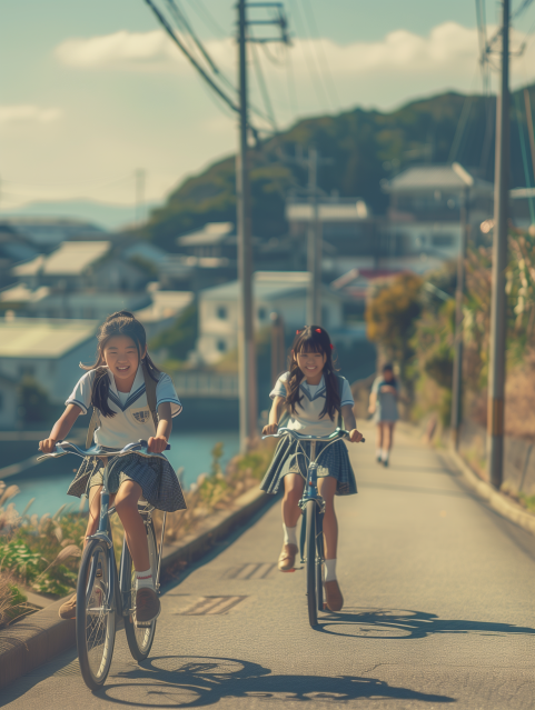 Smiling Schoolgirls Riding Bicycles on Sunny Path