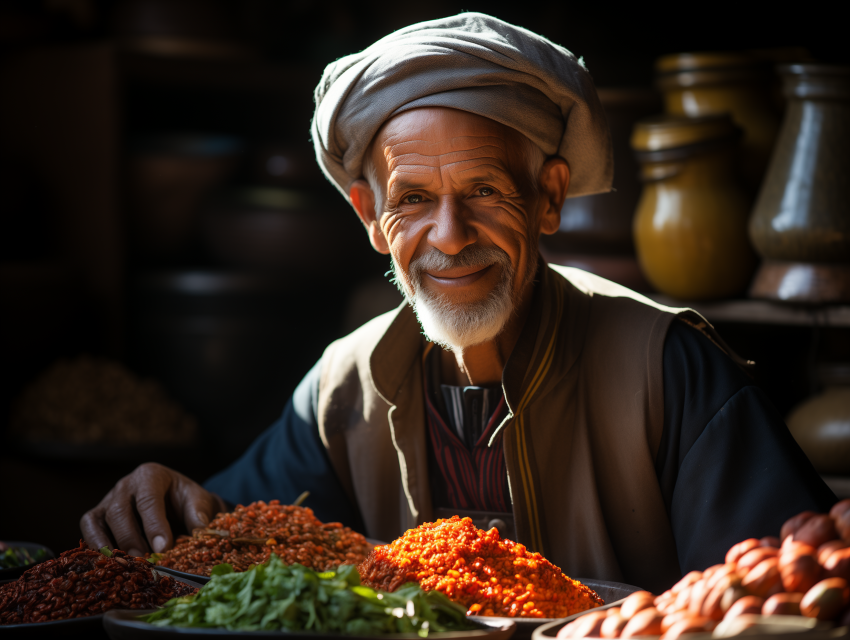 Smiling Spice Vendor at Market Stall
