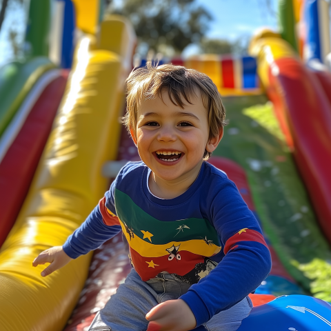 Smiling Toddler Playing on Inflatable Slide